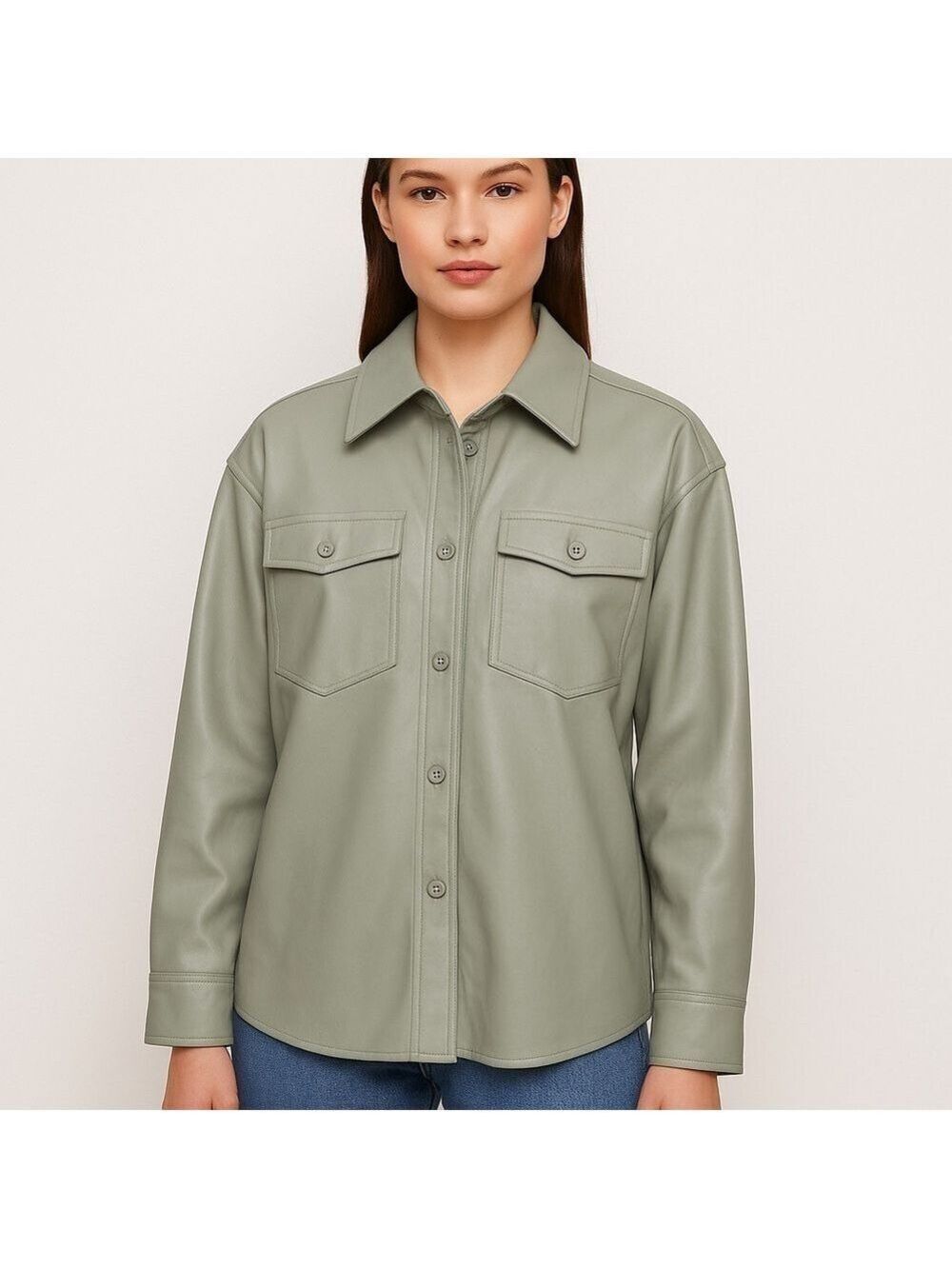 Babaton Faux Leather Shirt Jacket in Sage Green - Size M (Style FVL1‑4415‑21)
